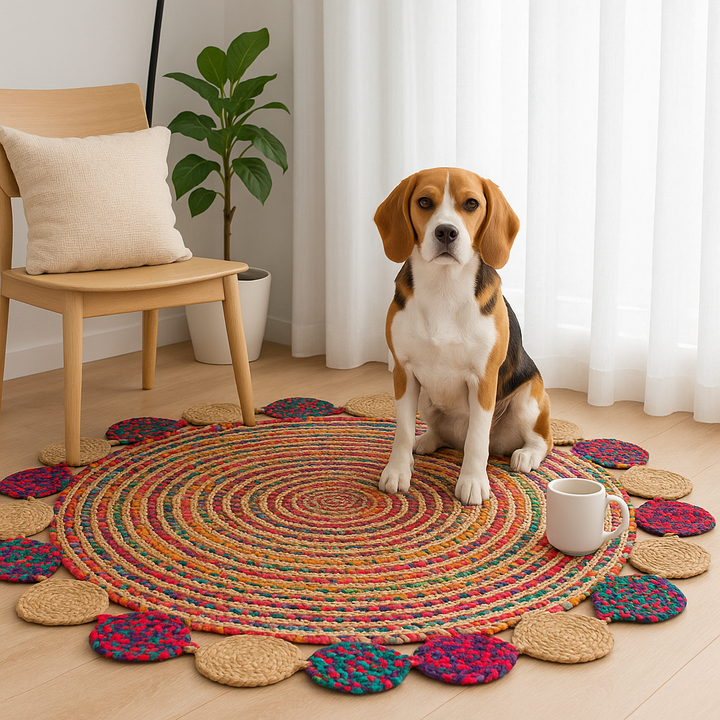 Handmade Round Jute and Cotton Area Rug – Multicolor Braided Rug for Living Room, Bedroom, Dining, Entryway