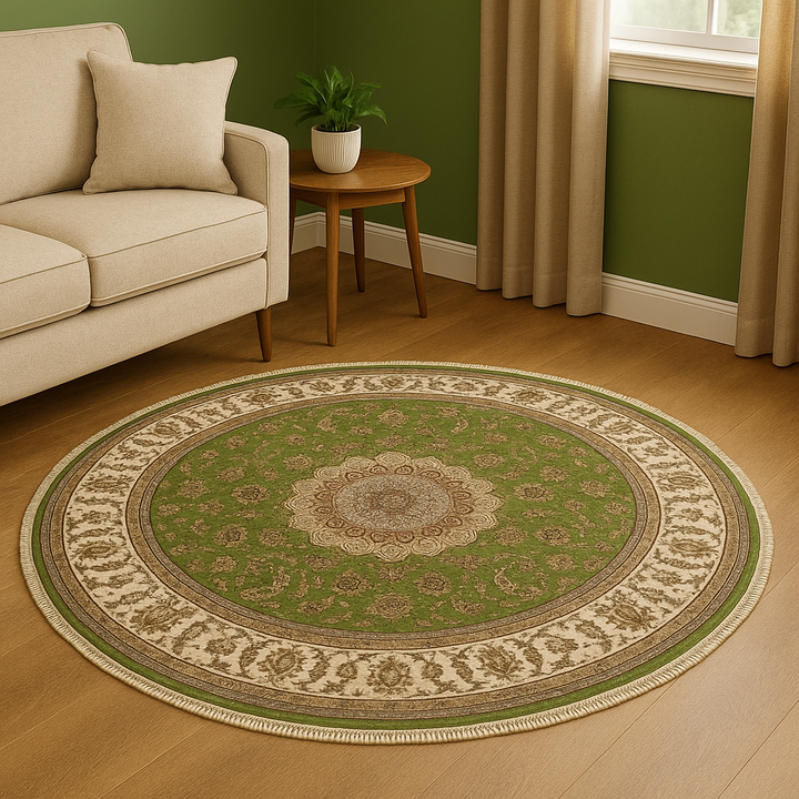 Handmade Round Wool Area Rug, Indo Nain-Kashan Design