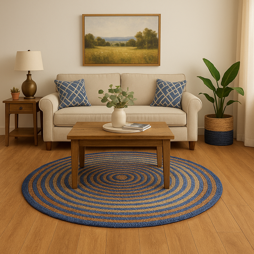 6 ft Handwoven Denim & Jute Round Braided Rug | Rustic Handmade Natural Fiber Area Rug