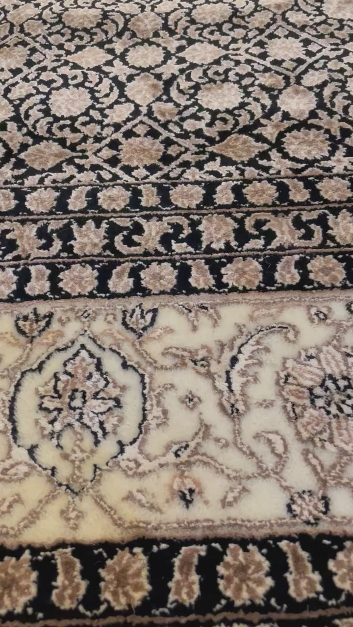 Handmade Wool Silk Area Rugs for living room & Bedroom, Charcoal and white color, Hand knotted,