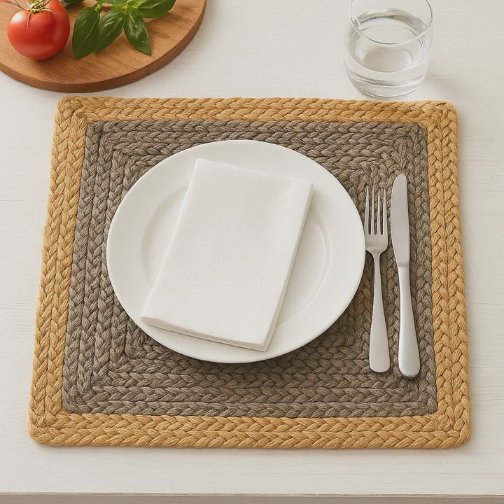 Handmade Jute Placemats Set of 4 – 15 Inch Handwoven Gray & Beige Dining Table Mats – Eco-Friendly, Heat Resistant, Rustic Farmhouse Decor for Kitchen, Dining, Parties & Everyday Use