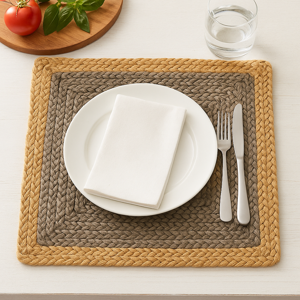 Handmade jute placemats in 4 color, Orange, Gray, Natural white, Purple with Beige color 15 in width, (set of 4)