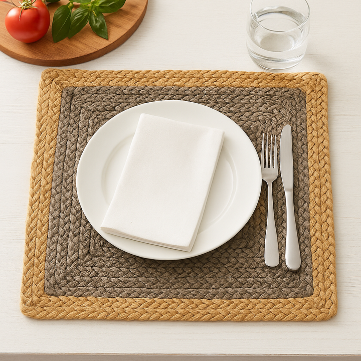 Handmade jute placemats in 4 color, Orange, Gray, Natural white, Purple with Beige color 15 in width, (set of 4)