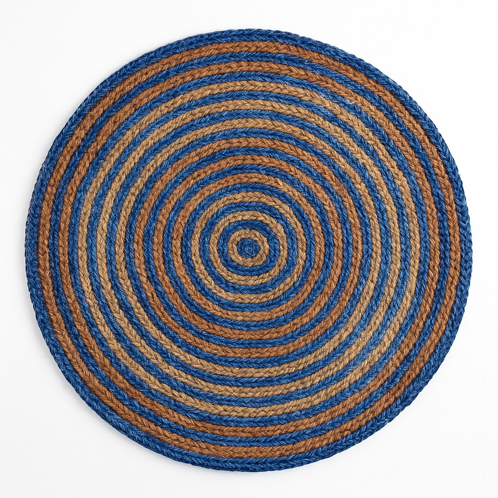 6 ft Handwoven Denim & Jute Round Braided Rug | Rustic Handmade Natural Fiber Area Rug