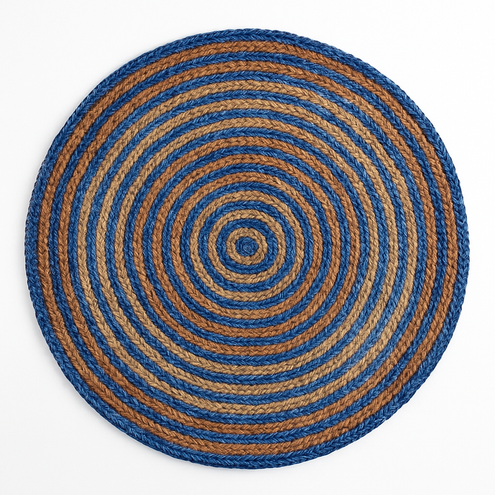 6 ft Handwoven Denim & Jute Round Braided Rug | Rustic Handmade Natural Fiber Area Rug