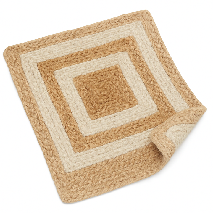 Handwoven Jute Placemats Set of 4 – Beige and White Dining Table Mats – 15 Inch Round and Square Options – Handmade Eco-Friendly Natural Fiber Placemats for Kitchen, Farmhouse, Rustic & Boho Décor, Durable and Heat Resistant
