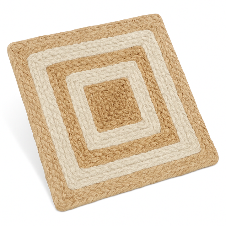 Handwoven Jute Placemats Set of 4 – Beige and White Dining Table Mats – 15 Inch Round and Square Options – Handmade Eco-Friendly Natural Fiber Placemats for Kitchen, Farmhouse, Rustic & Boho Décor, Durable and Heat Resistant