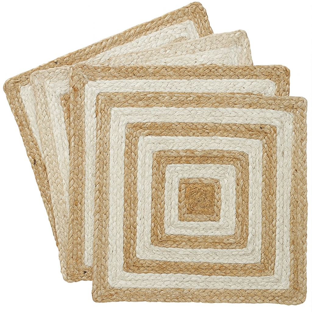 Handwoven Jute Placemats Set of 4 – Beige and White Dining Table Mats – 15 Inch Round and Square Options – Handmade Eco-Friendly Natural Fiber Placemats for Kitchen, Farmhouse, Rustic & Boho Décor, Durable and Heat Resistant