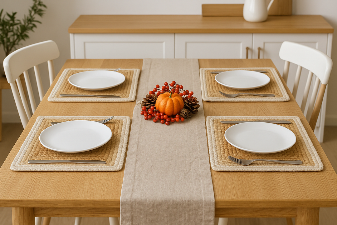 Handwoven Jute Placemats Set of 4 – Beige and White Dining Table Mats – 15 Inch Round and Square Options – Handmade Eco-Friendly Natural Fiber Placemats for Kitchen, Farmhouse, Rustic & Boho Décor, Durable and Heat Resistant
