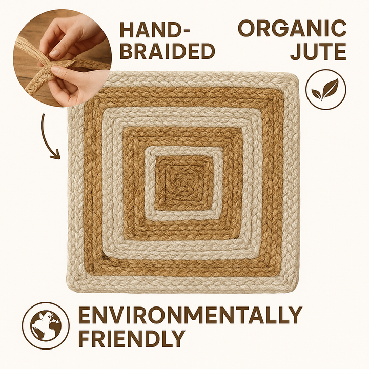 Handwoven Jute Placemats Set of 4 – Beige and White Dining Table Mats – 15 Inch Round and Square Options – Handmade Eco-Friendly Natural Fiber Placemats for Kitchen, Farmhouse, Rustic & Boho Décor, Durable and Heat Resistant