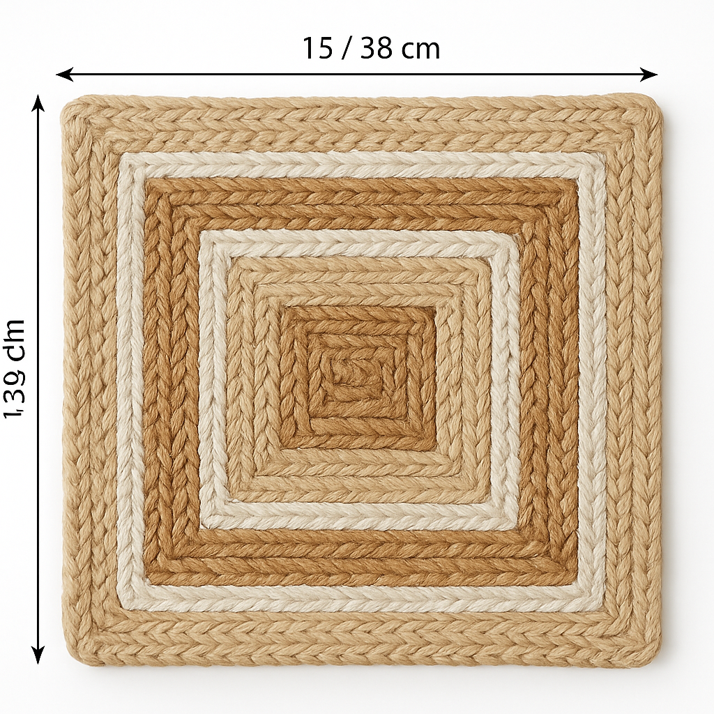 Handwoven Jute Placemats Set of 4 – Beige and White Dining Table Mats – 15 Inch Round and Square Options – Handmade Eco-Friendly Natural Fiber Placemats for Kitchen, Farmhouse, Rustic & Boho Décor, Durable and Heat Resistant