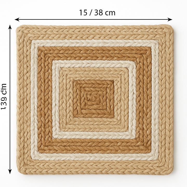 Handwoven Jute Placemats Set of 4 – Beige and White Dining Table Mats – 15 Inch Round and Square Options – Handmade Eco-Friendly Natural Fiber Placemats for Kitchen, Farmhouse, Rustic & Boho Décor, Durable and Heat Resistant