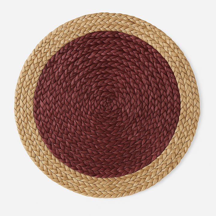 Round jute placemat product photo on white background, natural fiber table mat
