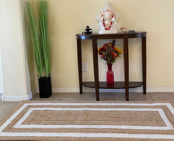 Beige and white Area rug Runner, Hand braided, Runner for hallway, living room and indoor living space.