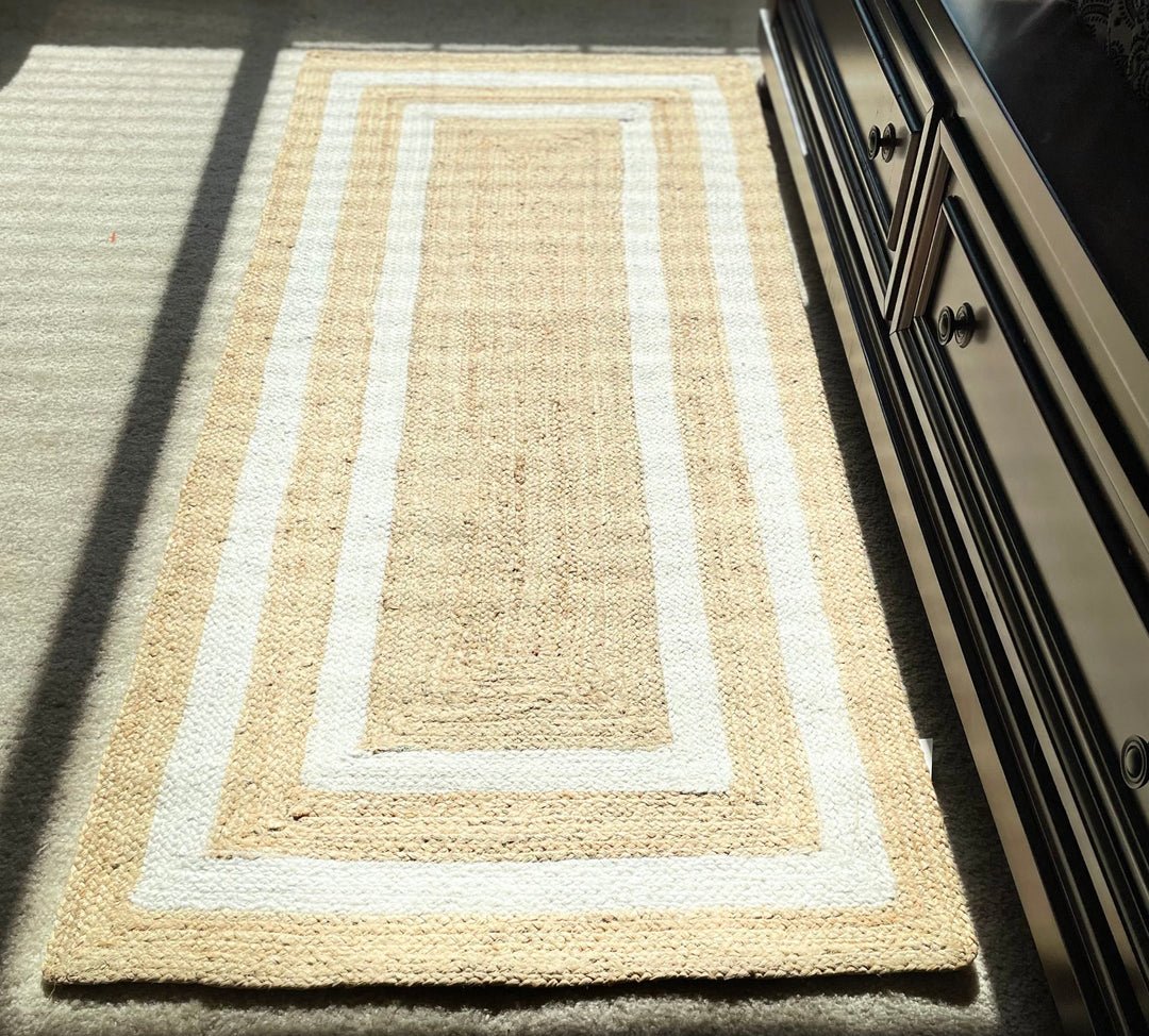 Beige and white Area rug Runner, Hand braided, Runner for hallway, living room and indoor living space.