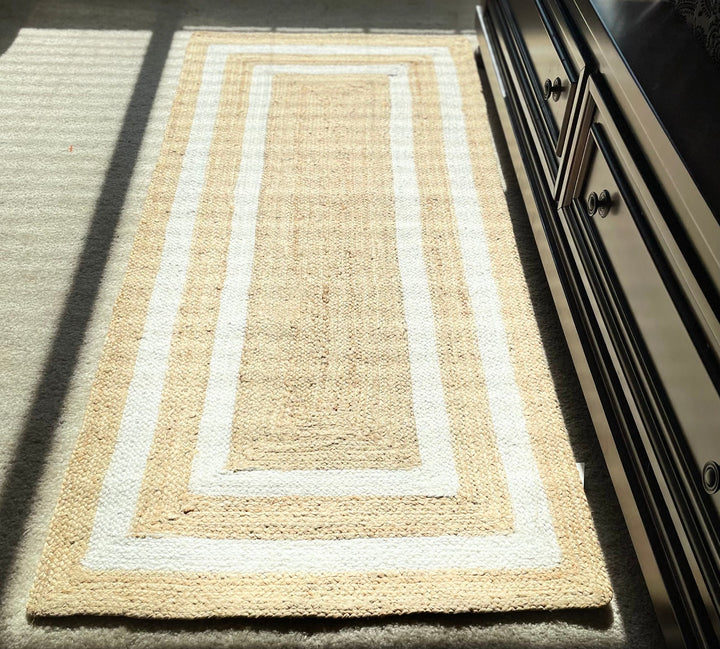 Beige and white Area rug Runner, Hand braided, Runner for hallway, living room and indoor living space.