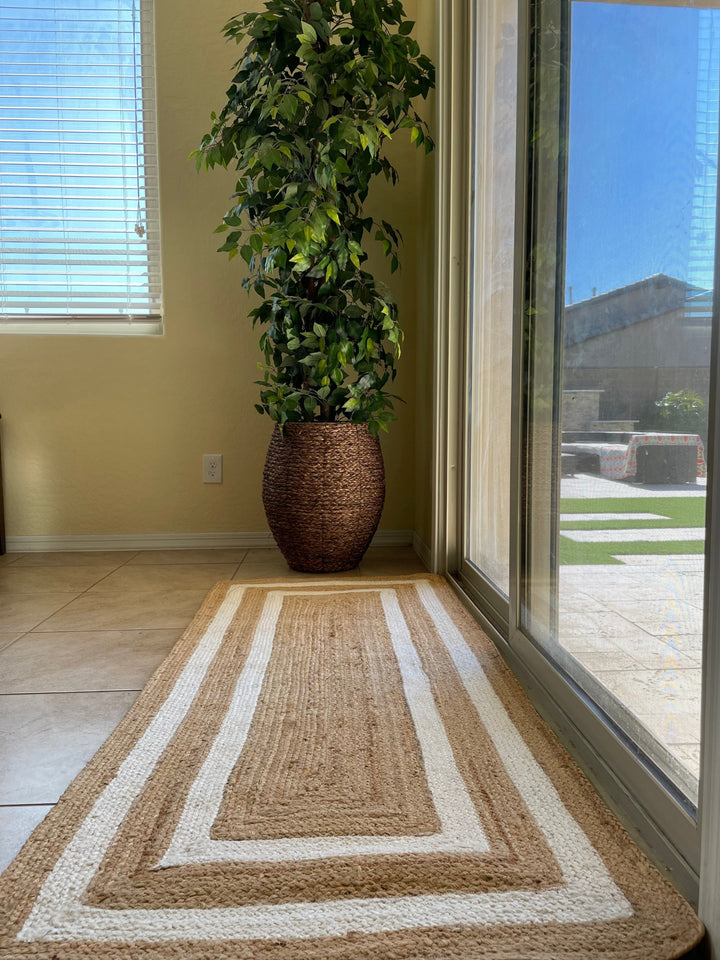 Beige and white Area rug Runner, Hand braided, Runner for hallway, living room and indoor living space.