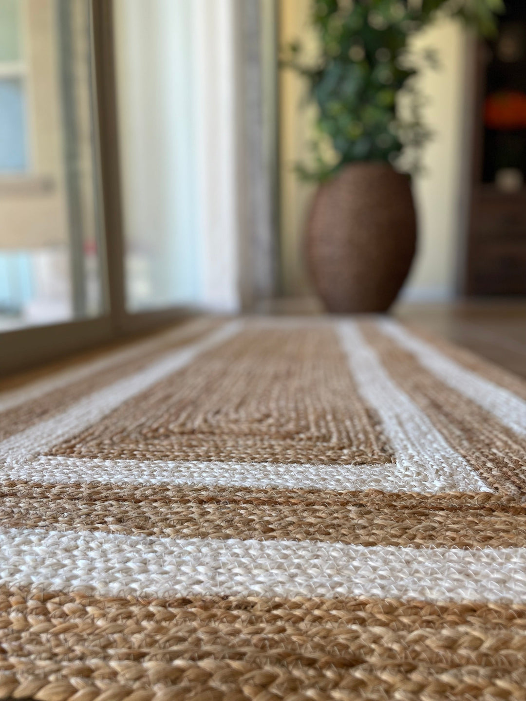 Beige and white Area rug Runner, Hand braided, Runner for hallway, living room and indoor living space.