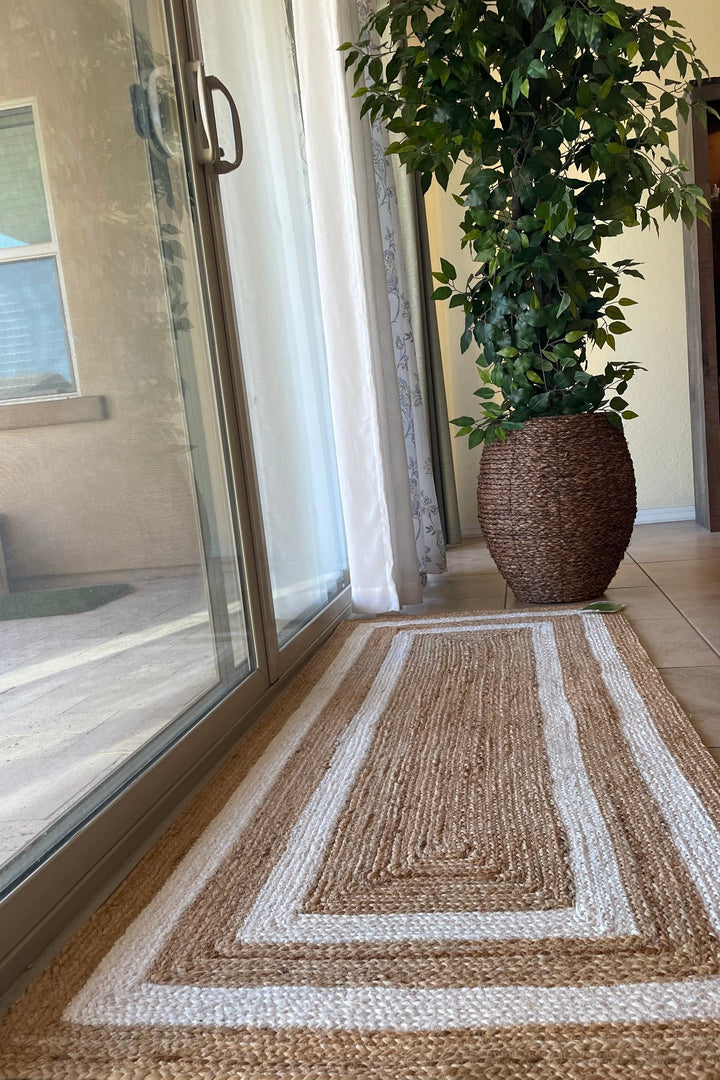 Beige and white Area rug Runner, Hand braided, Runner for hallway, living room and indoor living space.