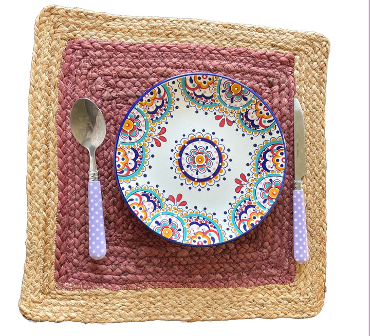 Handmade jute placemats in 4 color, Orange, Gray, Natural white, Purple with Beige color 15 in width, (set of 4)