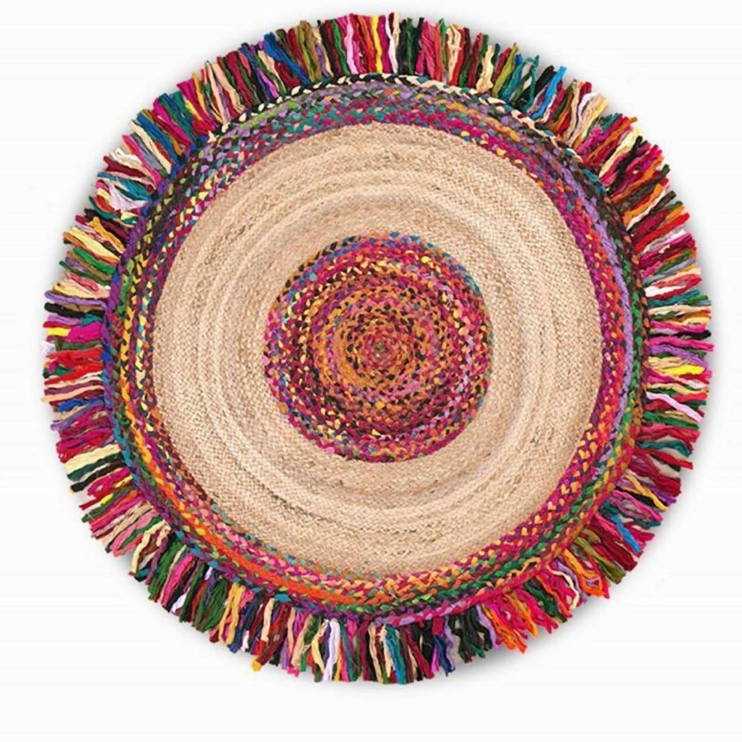 Beige-toned fringed round rug close-up