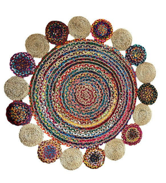 Hand Breaded Area Rugs in round shaped comes in different materials and sizes. For Example, Jute & Cotton, Denim & Cotton in different color combination like Beige and Multicolor, Denim Blue and Multicolor, Black and white  